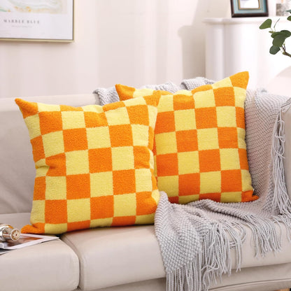 Alysheer Checkered Embroidered Decorative Throw Pillow Covers 18"x 18" Set of 2, Farmhouse Boho