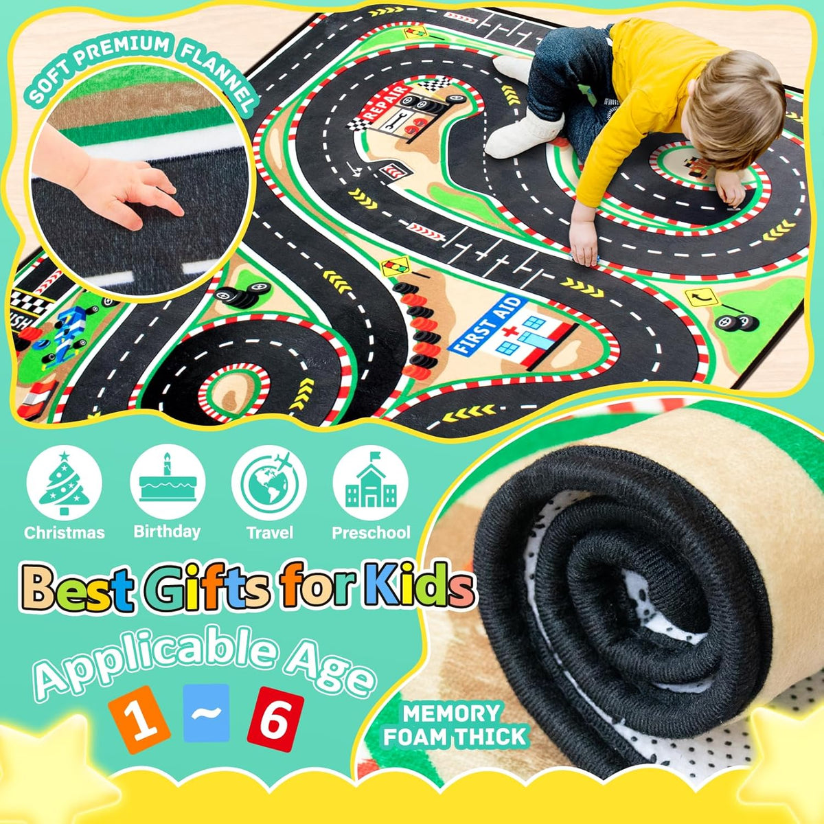 Kids Rug, Race Track Baby Play Mats, Realistic 3D Cascading Surround Route, 4x6 Ft Kids Rug for