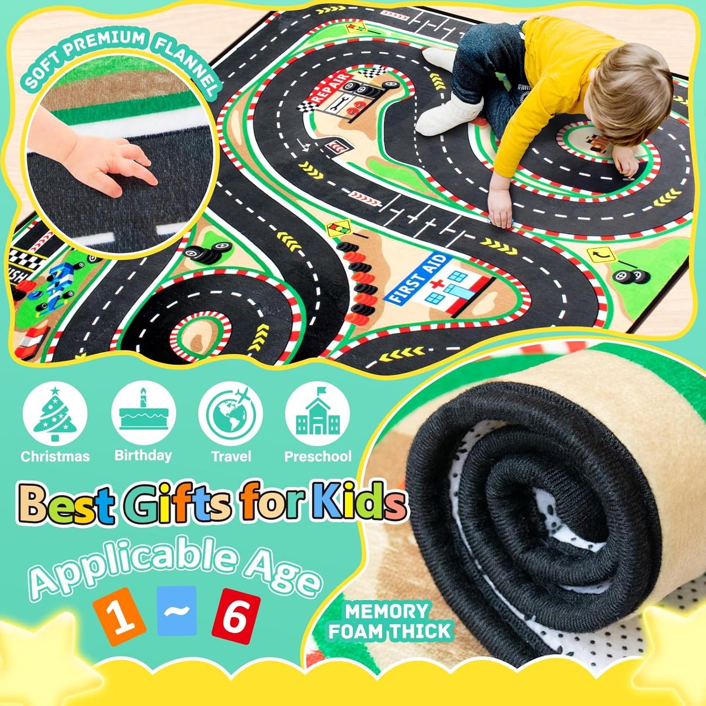 Kids Rug, Race Track Baby Play Mats, Realistic 3D Cascading Surround Route, 6x9 Ft Kids Rug for