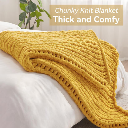 Chunky Knit Throw Blanket, 30''*40'' Knitted Throw Chenille Yarn for Bed Couch, Handmade Yellow