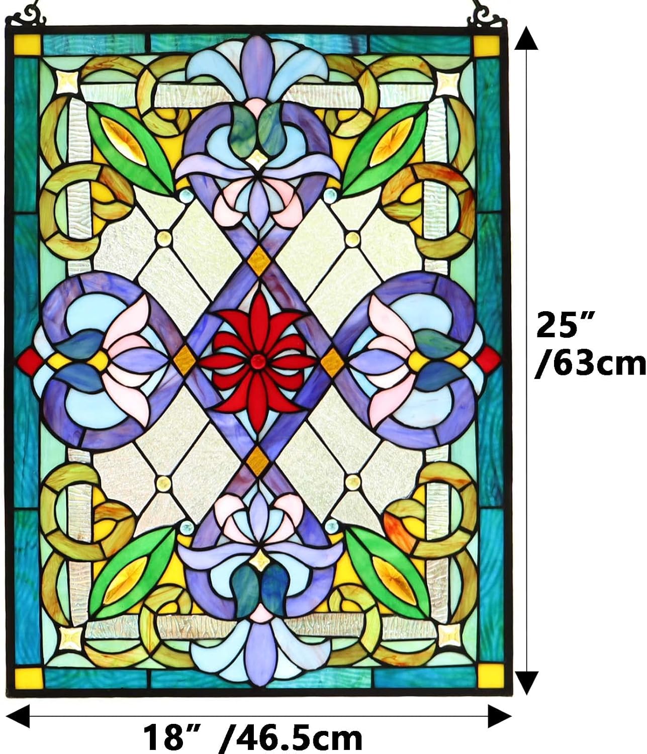 Bieye W10028 Victorian Tiffany Style Stained Glass Window Panel with Chain, Rectangular Shape, 18"