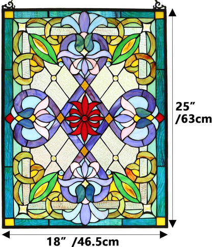 Bieye W10028 Victorian Tiffany Style Stained Glass Window Panel with Chain, Rectangular Shape, 18"