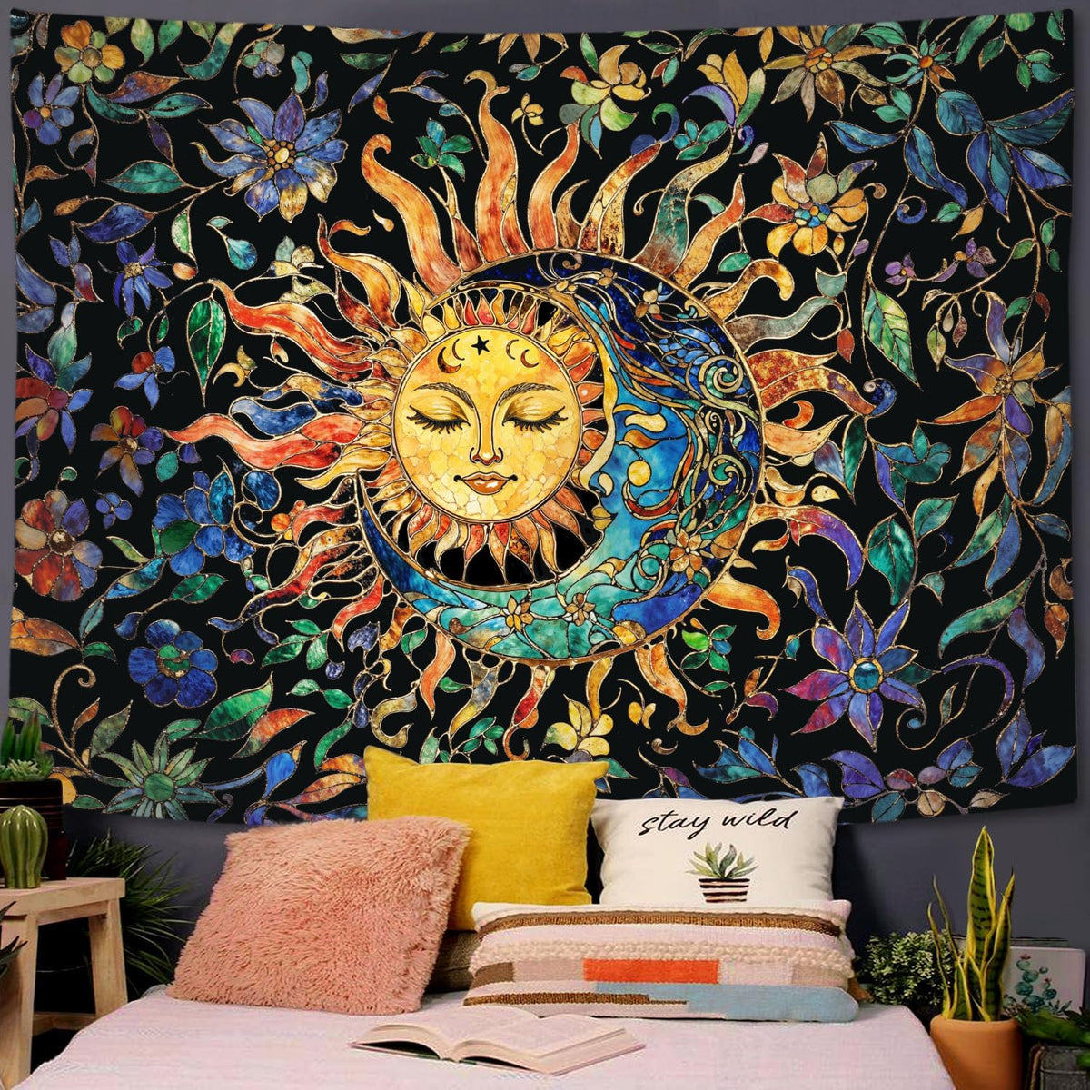 Aipon Sun and Moon Tapestry for Bedroom Boho Hippie Floral Wall Tapestry Aesthetic Vintage Stained