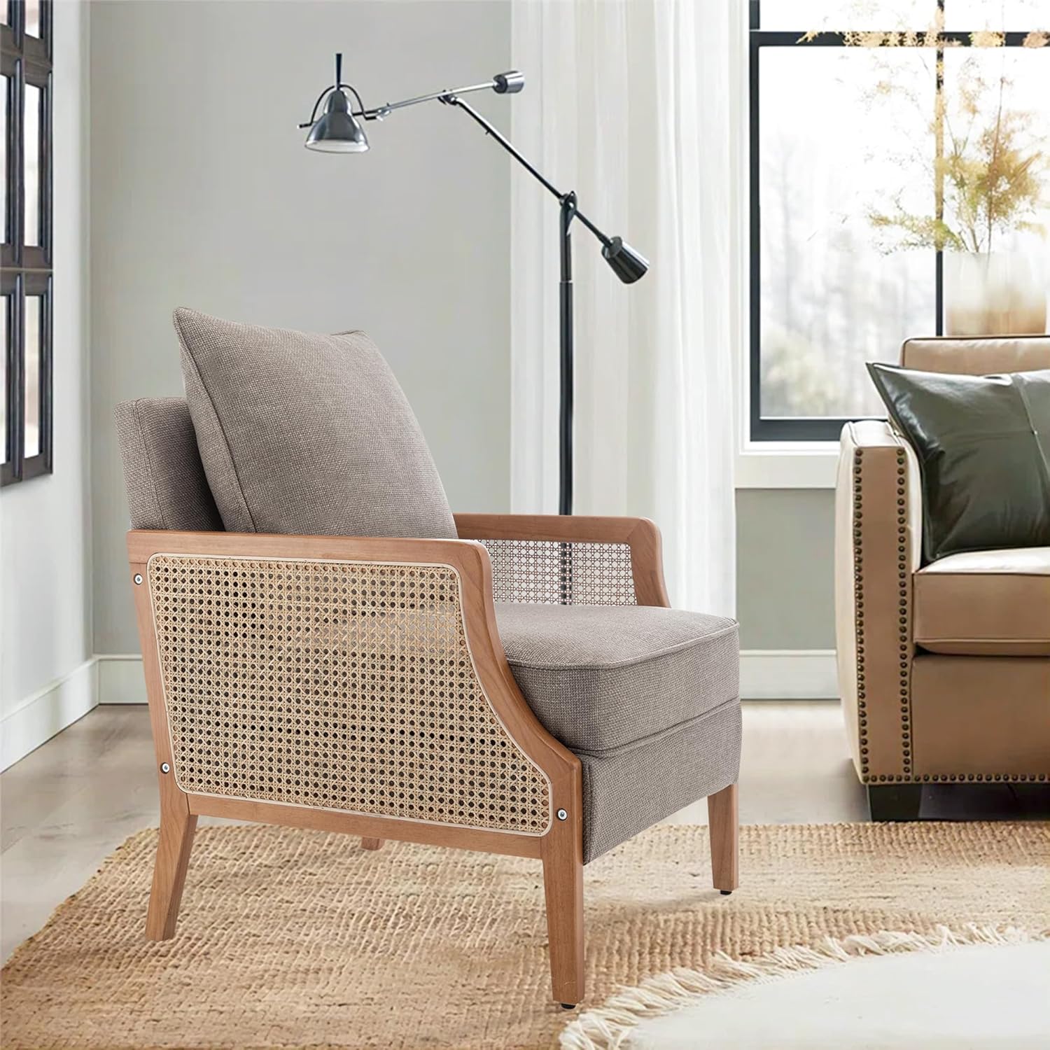 HAOBO Home Mid Century Modern Accent Chair Upholstered Living Room Chairs Armchair with Rattan