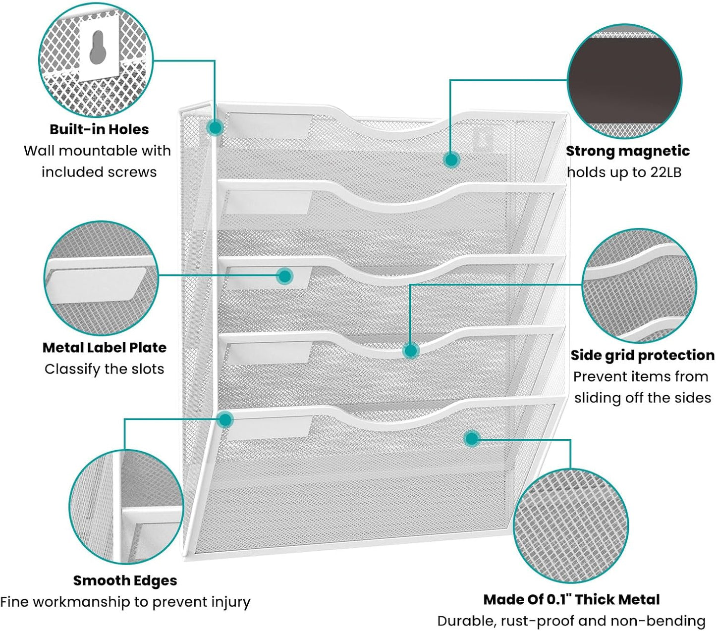 5-Tier Magnetic File Organizer, No Drilling Installation, White Magnetic Paper Holder, Magazine