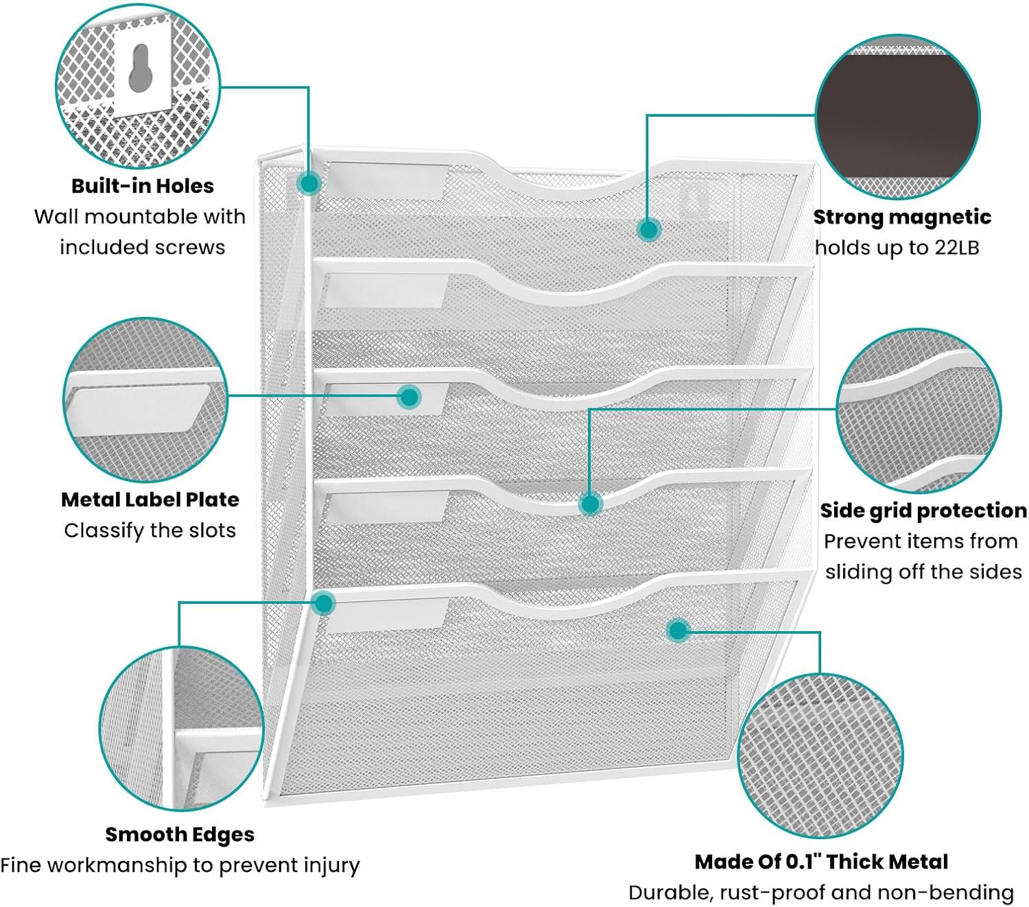 5-Tier Magnetic File Organizer, No Drilling Installation, White Magnetic Paper Holder, Magazine