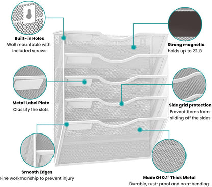 5-Tier Magnetic File Organizer, No Drilling Installation, White Magnetic Paper Holder, Magazine
