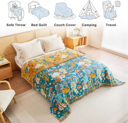 MSGKV Throw Blanket for Couch Cotton Muslin Breathable Cute Ocean Animals Blanket 50"x60" Sofa