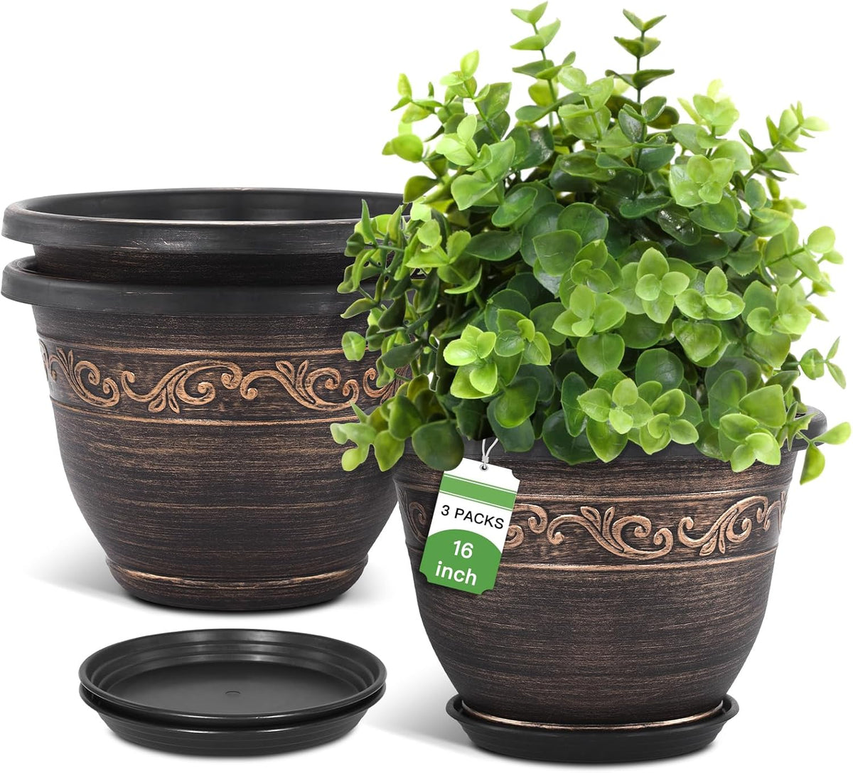 Plastic-Plant-Flower-Planters-16 Inch with Drainage Hole & Saucer, 3 Packs Lightweight Small Resin