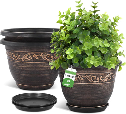 Plastic-Plant-Flower-Planters-16 Inch with Drainage Hole & Saucer, 3 Packs Lightweight Small Resin