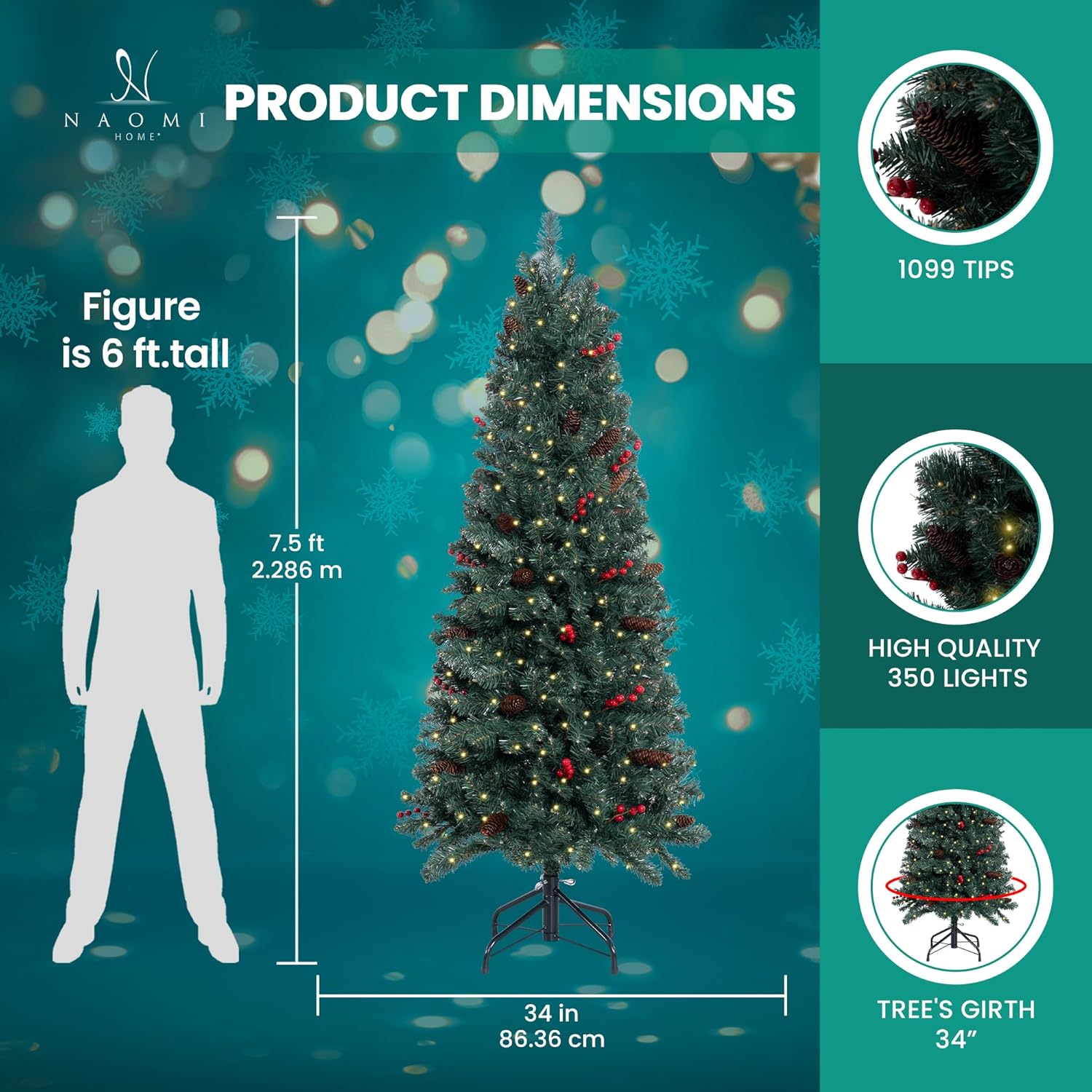 Naomi Home Belen 7.5ft Pencil Christmas Tree Prelit pre-Decorated with Pine Cones, Red Berries