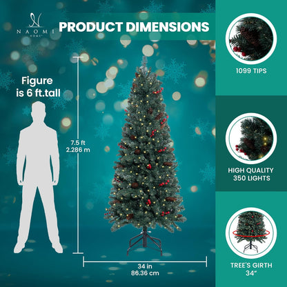 Naomi Home Belen 7.5ft Pencil Christmas Tree Prelit pre-Decorated with Pine Cones, Red Berries