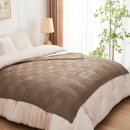 CozeCube Check Knit Throw Blanket, Light Brown Checkered Throw for Couch, Decorative Christmas Soft