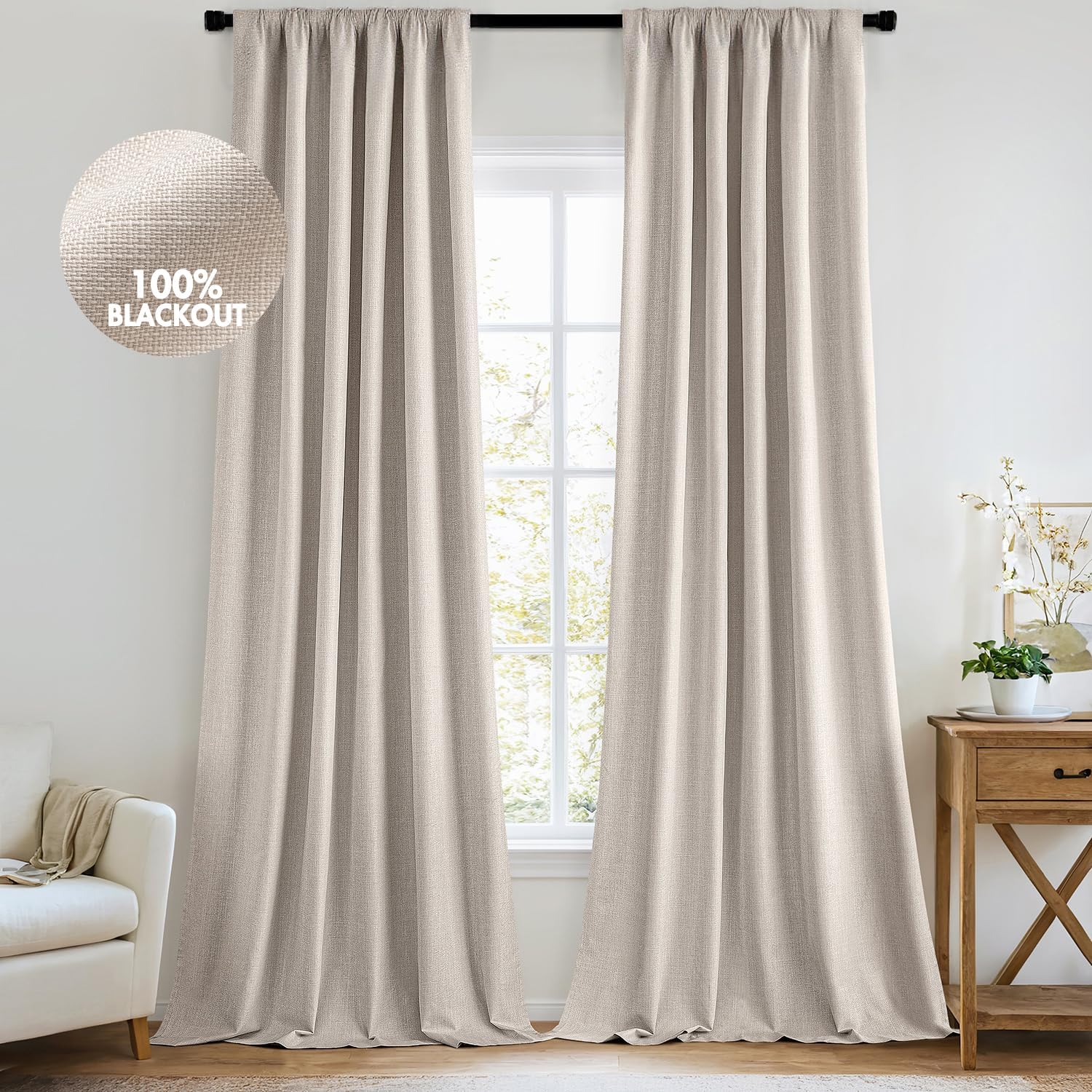 MIULEE 100% Blackout Curtains 90 Inch Long 2 Panels Set for Bedroom, Thick Luxury Faux Linen Black