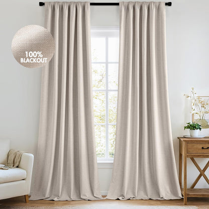 MIULEE 100% Blackout Curtains 90 Inch Long 2 Panels Set for Bedroom, Thick Luxury Faux Linen Black