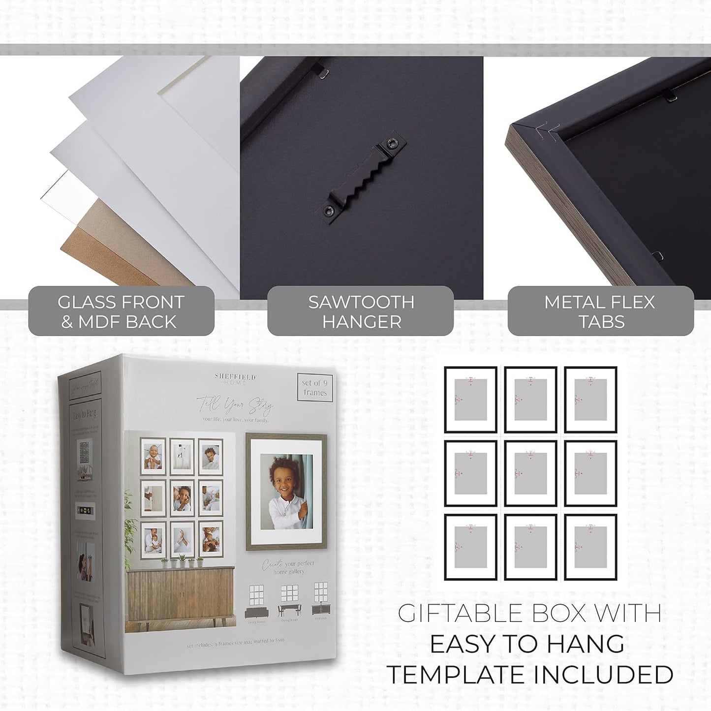 Sheffield Home 9 Piece Gallery Wall Frame Set, 11x14 Inch, Natural