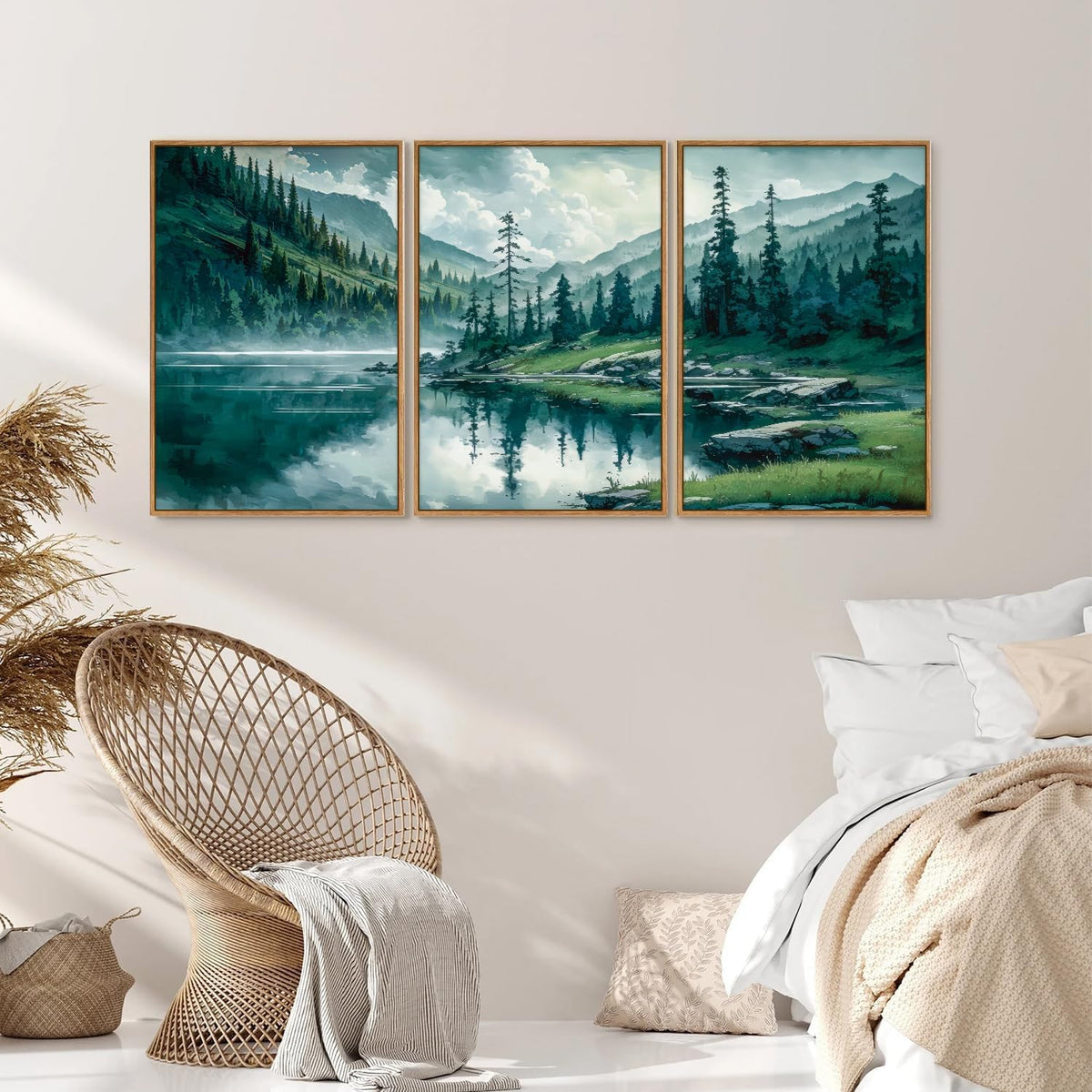 Tinonedraw Large Nature Forest Framed Canvas Wall Art Set, Boho Mountains Calming Lake Wall Decor