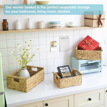 VATIMA Hyacinth Wicker Basket Set 3 size - Rectangular, Wooden Handles, Shelf Organizer, Natural