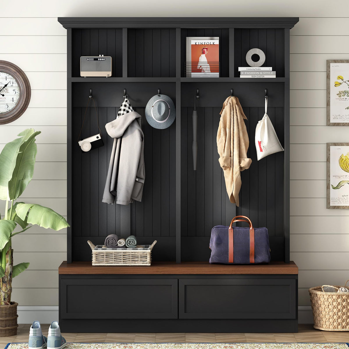 Merax Farmhouse Wood Hall Tree with Bench and Storage Drawers, 4-in-1 Coat Rack with 6 Hooks for
