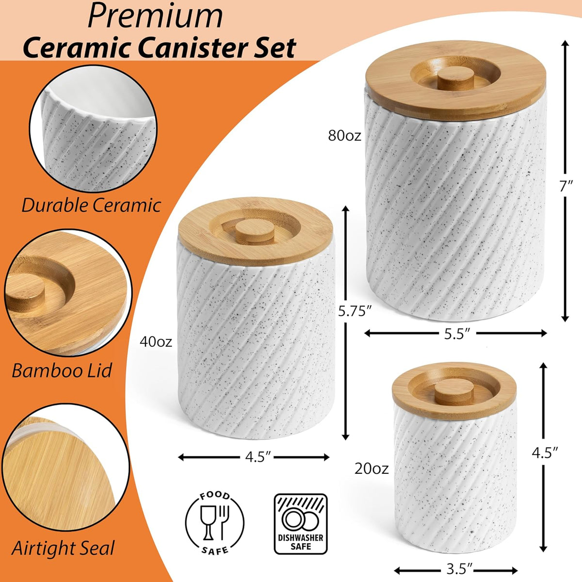 Ceramic Canister Set for Kitchen Countertop & Pantry – 3 Airtight Food Storage Containers for