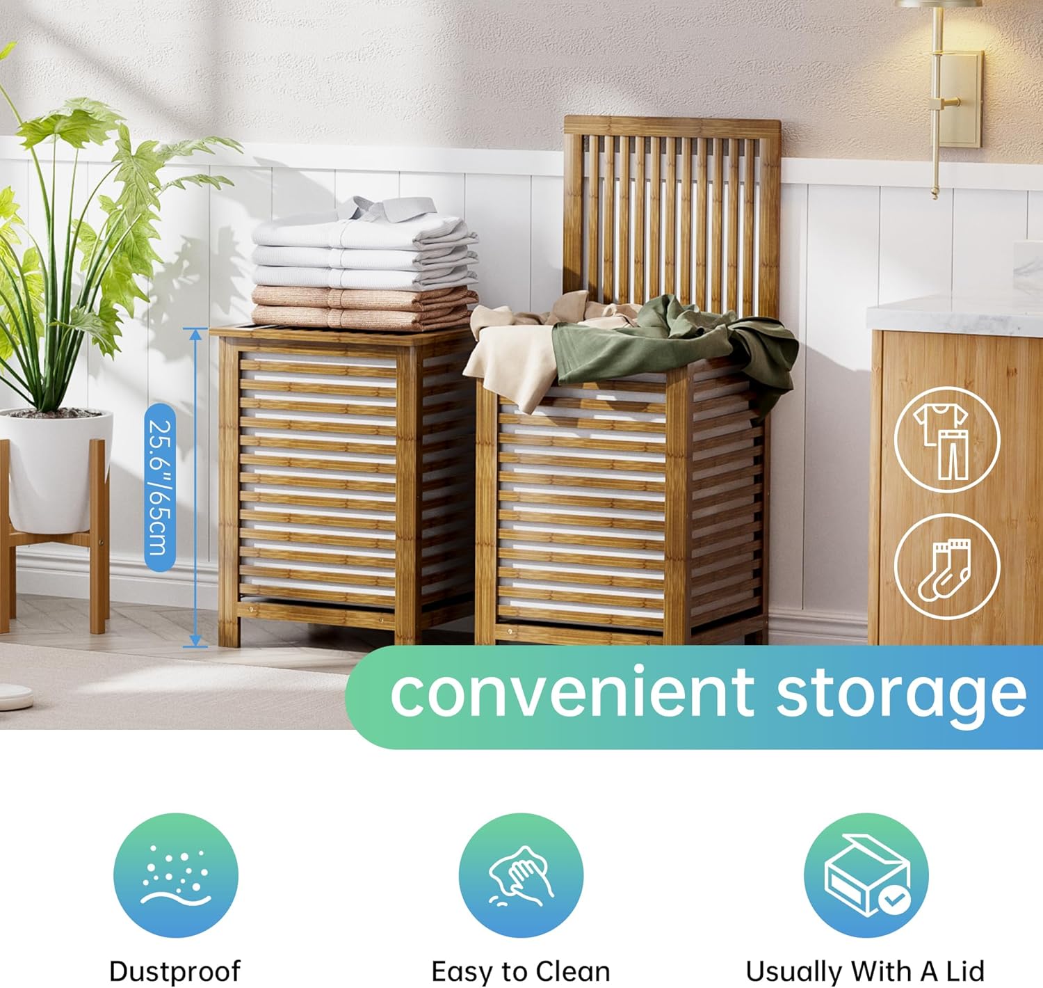 SMIBUY Double Laundry Hamper with Lid, 120L Bamboo Laundry Basket with Removable Liner Bag