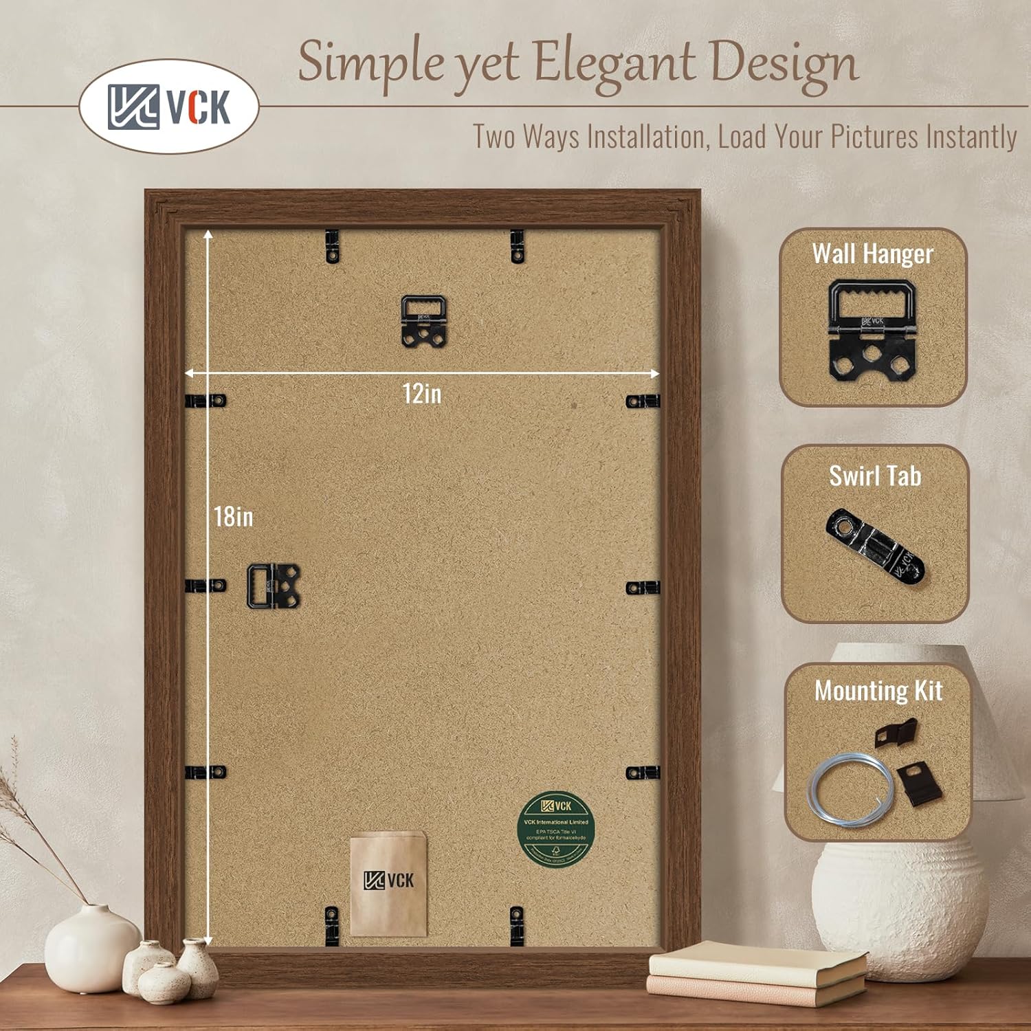 VCK 12x18 Picture Frame 3 Pack, Brown Wood Poster Frame with Exclusive Wood Grain, Wall Mounting