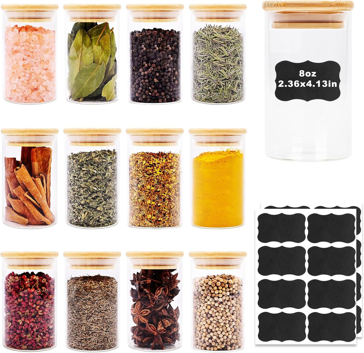 8oz Glass Food Storage Jars, Glass Jars with Bamboo Lids, Kitchen Storage Jars, Set of 12