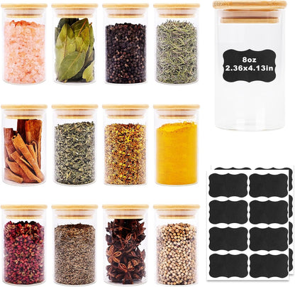 8oz Glass Food Storage Jars, Glass Jars with Bamboo Lids, Kitchen Storage Jars, Set of 12