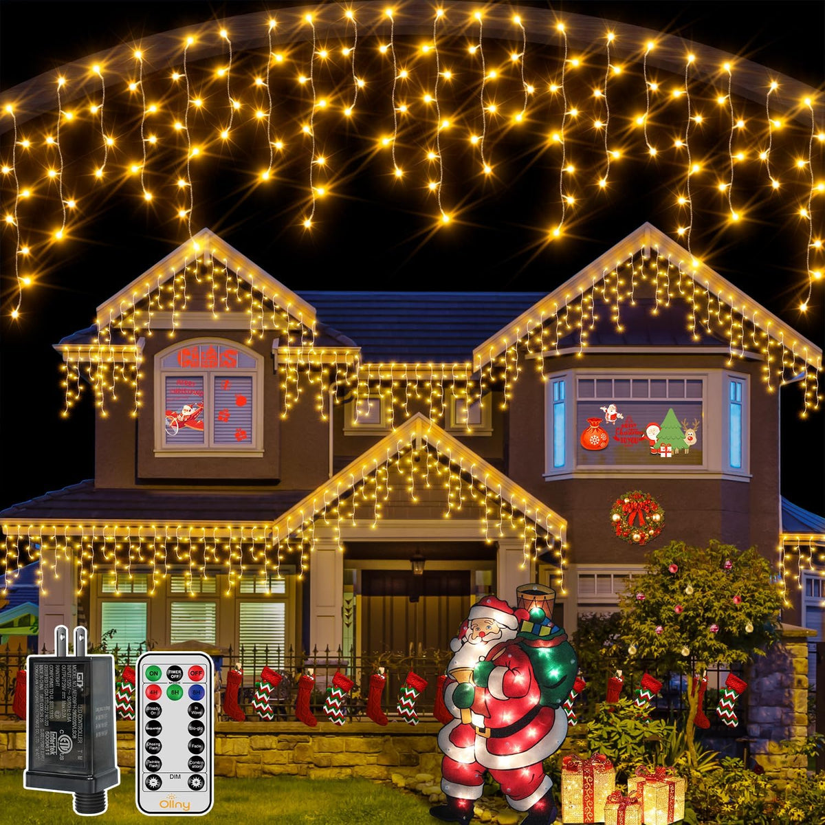 Ollny Icicle Lights Outdoor Warm White, 594LED 49FT Christmas Lights with Remote 8 Modes Dimmable