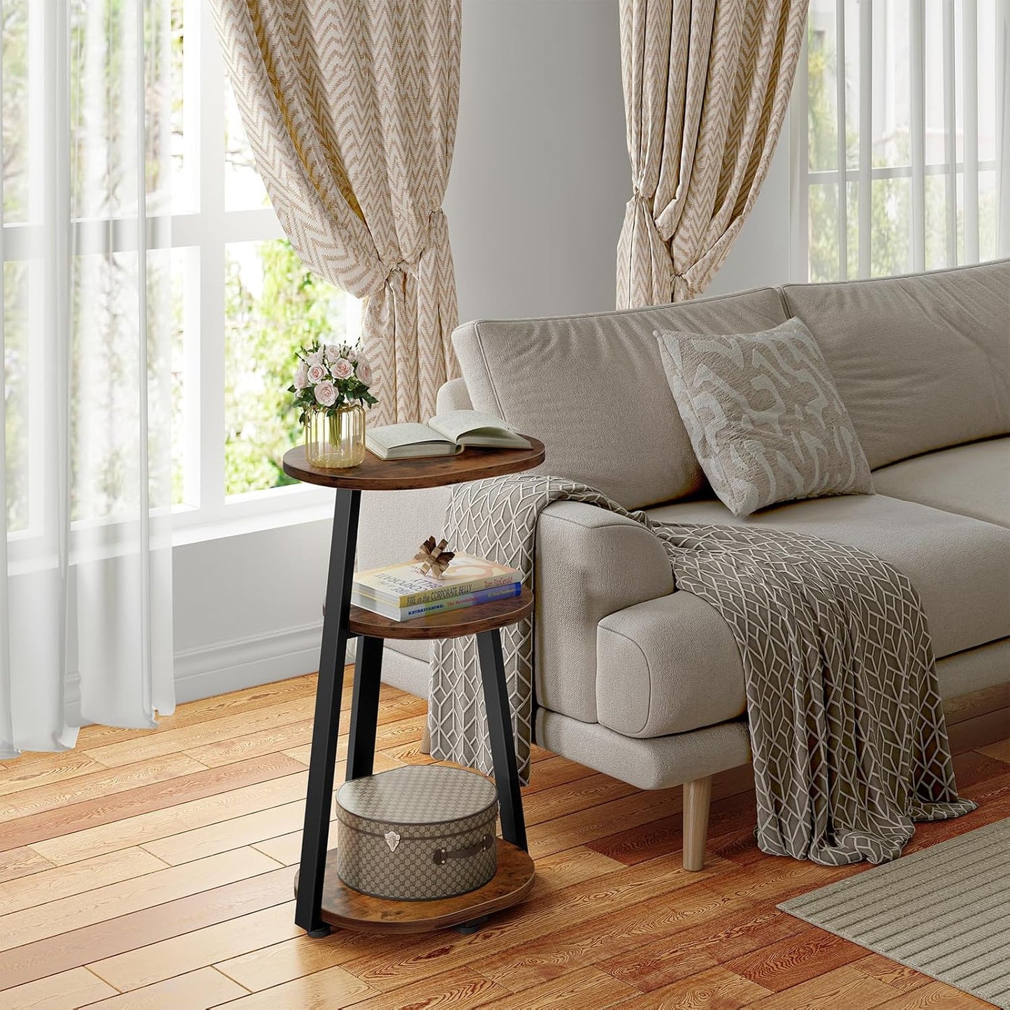 Side Table, Small End Table with Metal Frame, 3-Tier Bedside Tables, Round Side Tables for Living