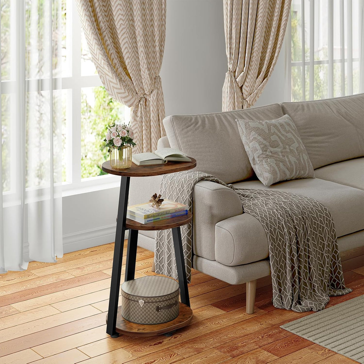 Side Table, Small End Table with Metal Frame, 3-Tier Bedside Tables, Round Side Tables for Living