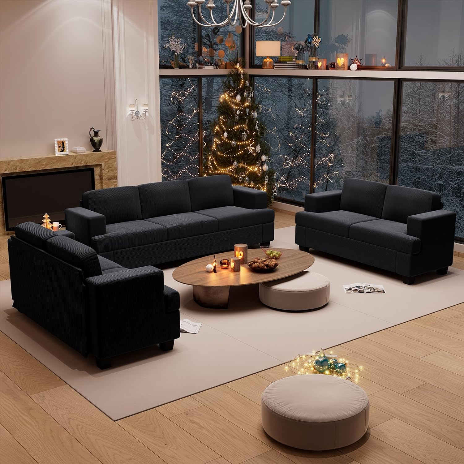 3 Pieces Corduroy Couch Set for Living Room, 7 Seats Cloud Sofa, Deep Seat Floor Couch for Bedroom
