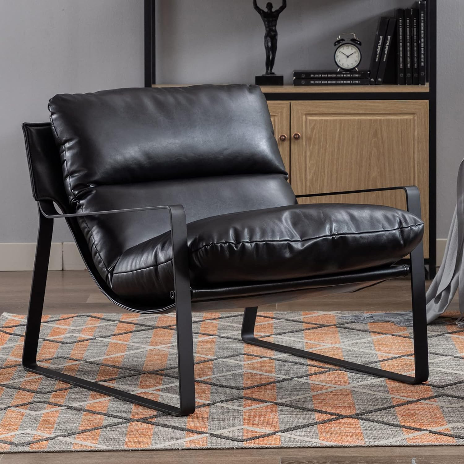 DUOMAY Mid-Century Accent Chair Armchair, Comfy PU Leather Leisure Chair Lazy Chair with Metal Leg