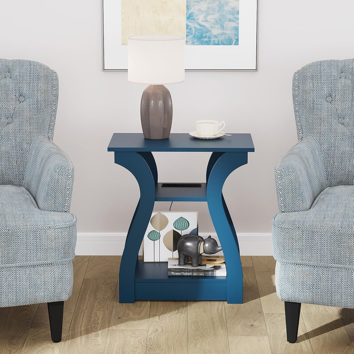 End Tables Living Room, End Table end Table with Charging Station and USB,Navy Blue Side Table