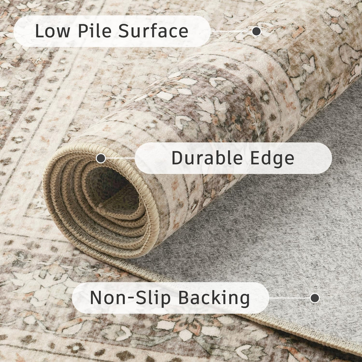 DCX Machine Washable Brown and Beige Area Rug 5x7, Non Slip Stain Resistant Vintage Rug for Living