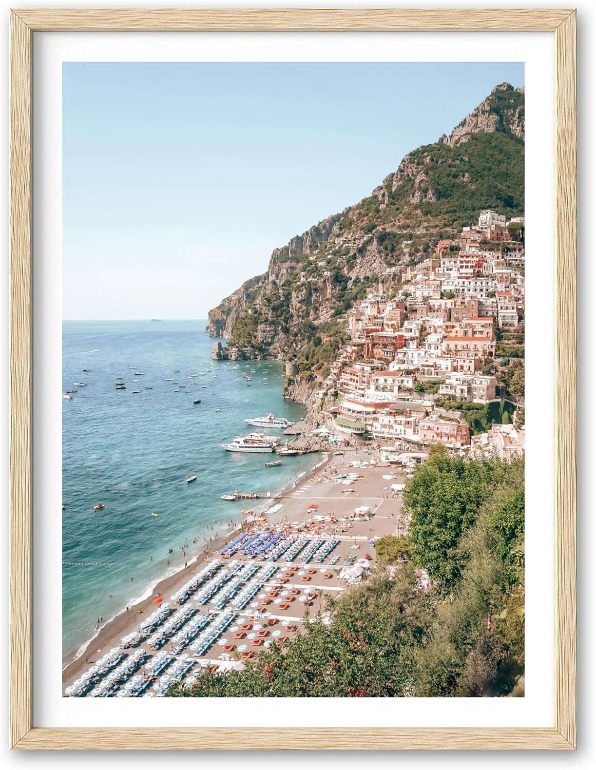 HesenDot Natural OAK Wood Framed Italian Positano Beach Wall Art,12x16in Amalfi Coast Canvas Wall