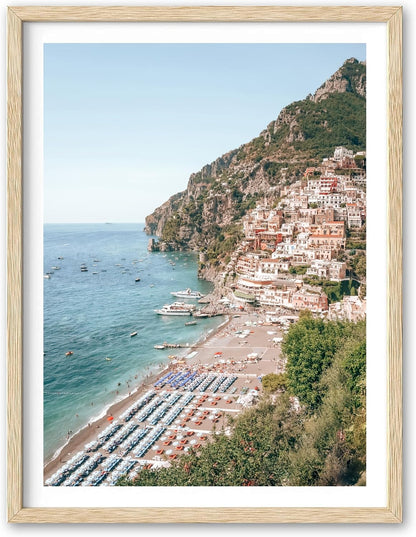 HesenDot Natural OAK Wood Framed Italian Positano Beach Wall Art,12x16in Amalfi Coast Canvas Wall