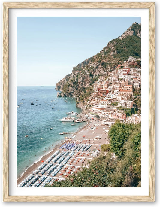 HesenDot Natural OAK Wood Framed Italian Positano Beach Wall Art,12x16in Amalfi Coast Canvas Wall
