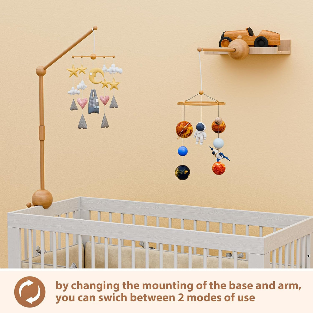 Baby Crib Mobile Arm,32.5 Inch Crib Mobile Stand,Wooden Mobile Arm for Crib（2 Modes