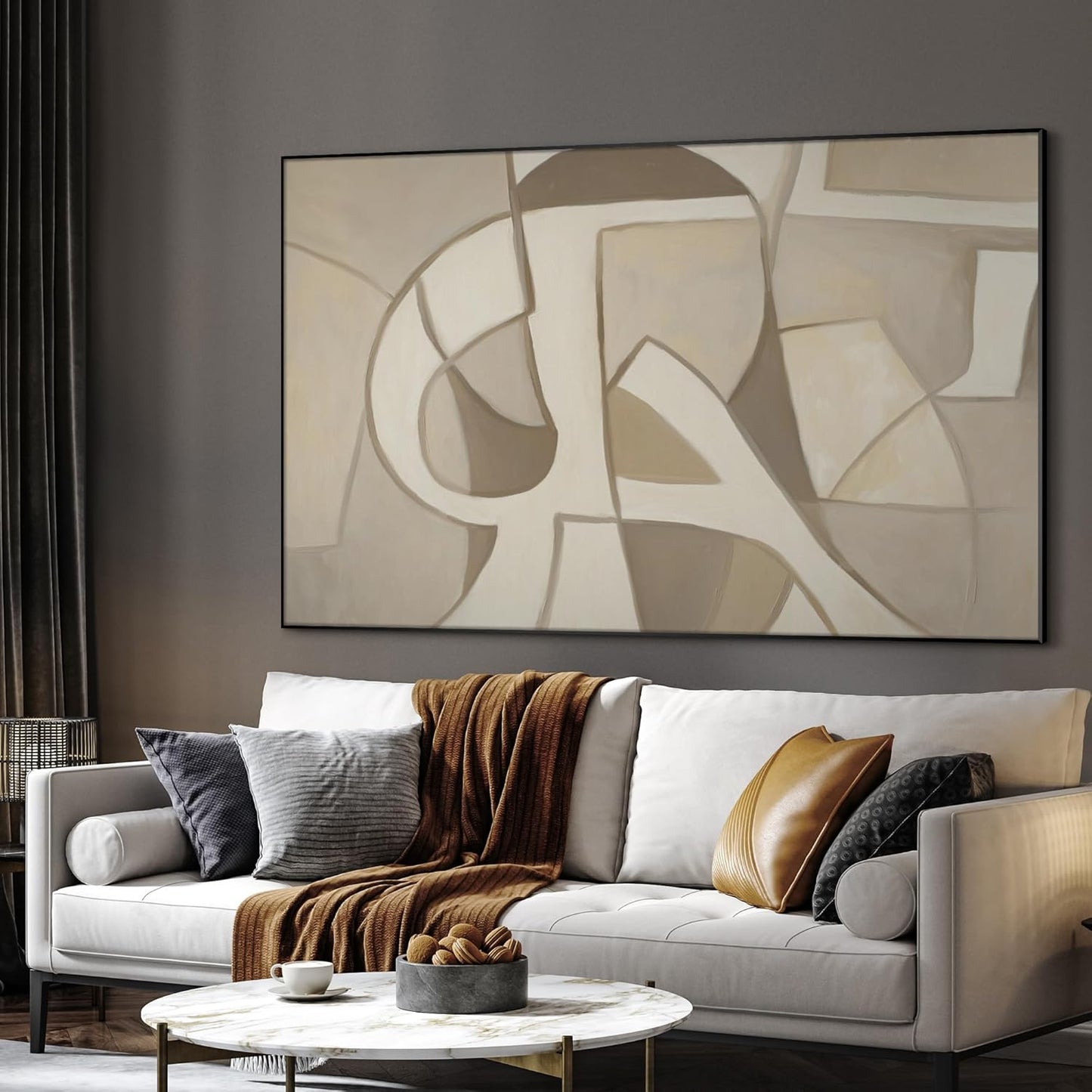 SIGNWIN 46"x72" Extra Large Framed Wall Art Neutral Abstract Geometric in Mid-Century Style