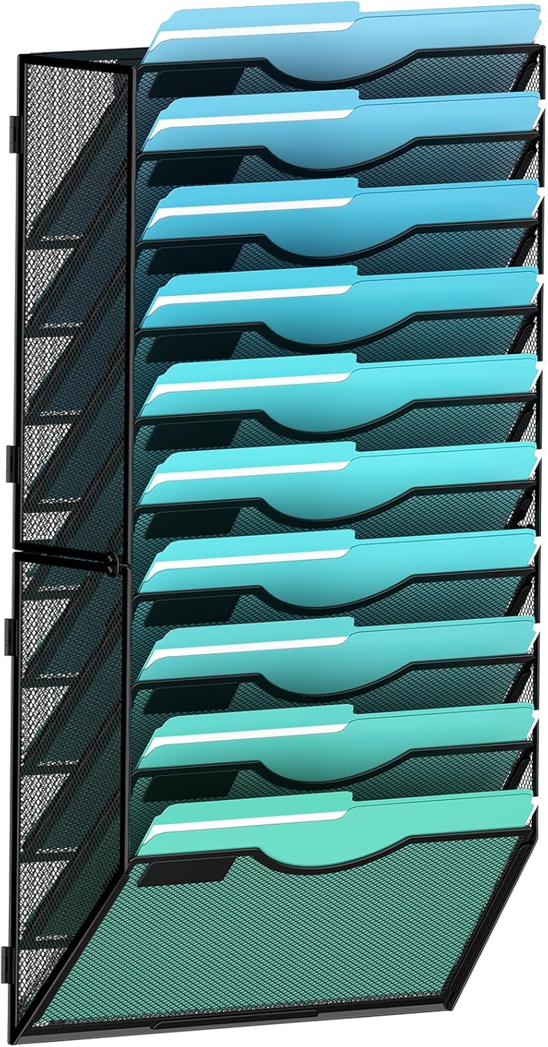 10-Tier Wall File Organizer Hanging Wall File Holder Wall Mount Paper Folder Organize, Mesh
