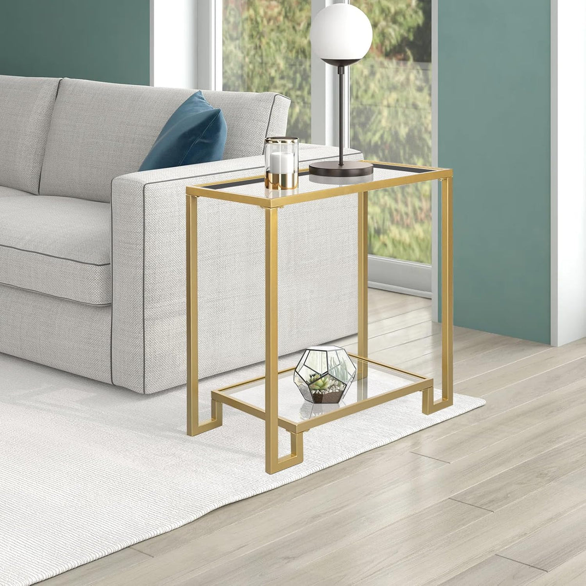2 Tier Rectangular Side Table, Gold End Table with Glass Top, Modern Metal Clear Coffee Table，Small