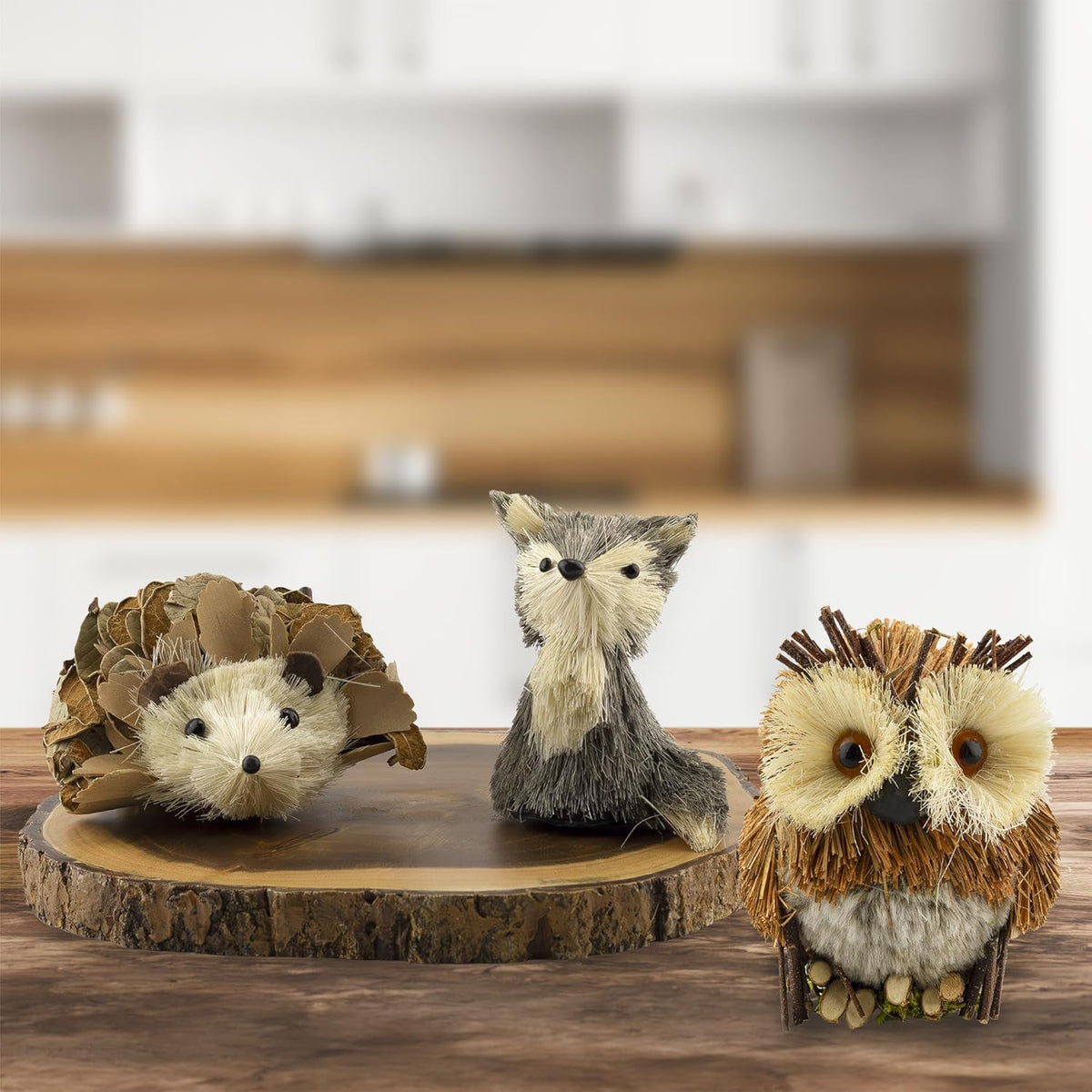 AuldHome Design Woodland Friends Figurines (Set of 3, Fox/Owl/Hedgehog); Forest Animals Decor for