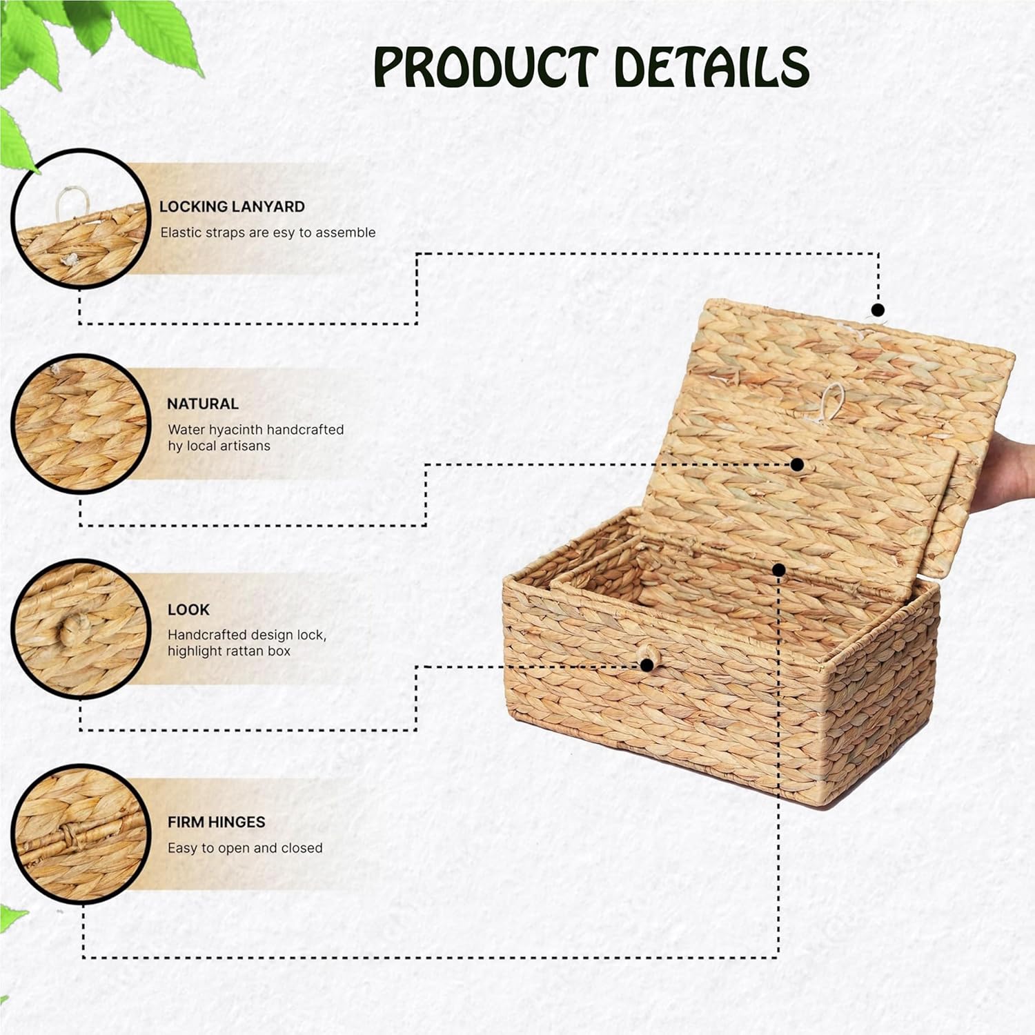 Set of 2 Rectangular Wicker Storage Bins with Lid, Rattan Basket Decorative Boxes, Multipurpose
