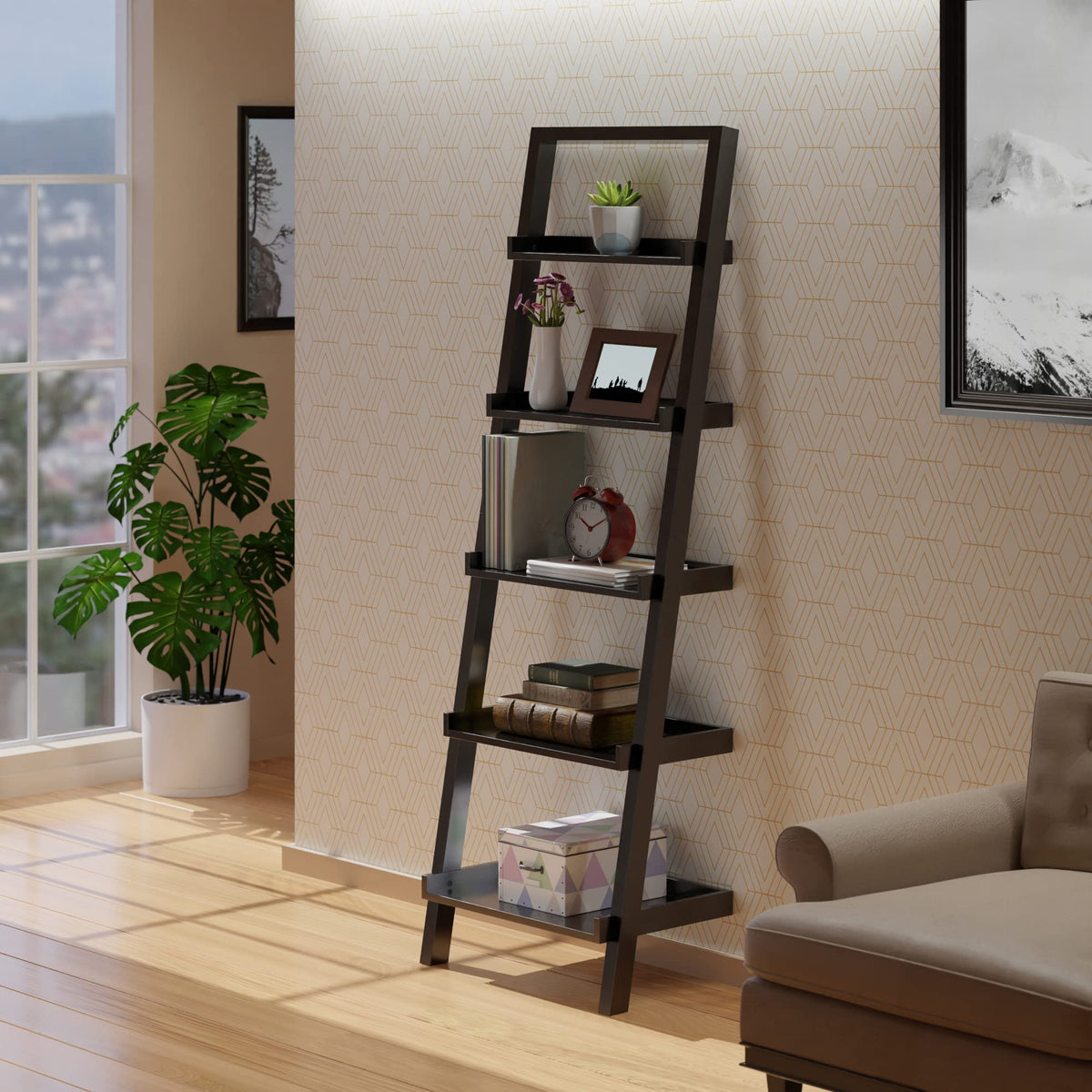 Winsome Bellamy 5-Shelf 69" H Leaning Bookcase, Black (29553)