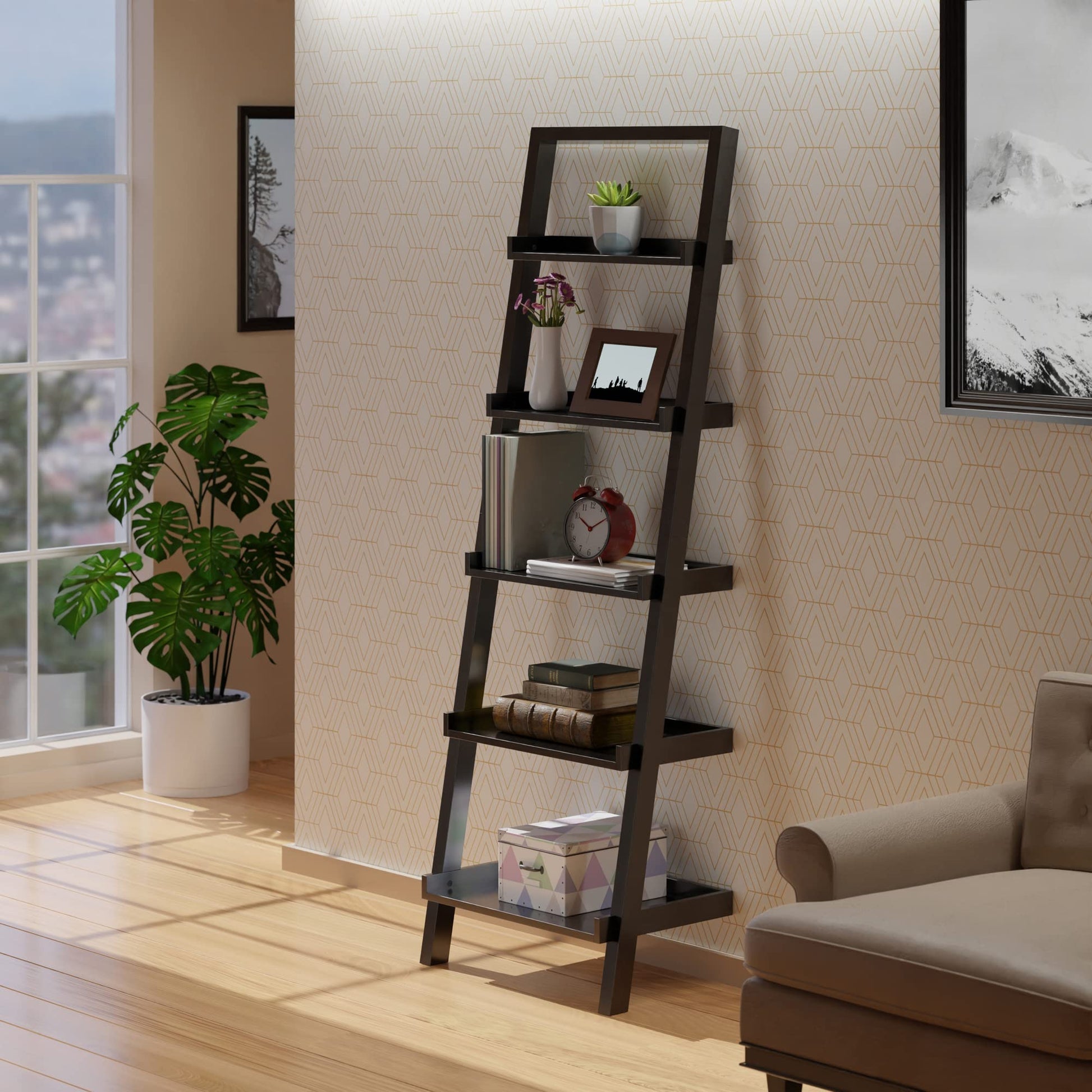Winsome Bellamy 5-Shelf 69" H Leaning Bookcase, Black (29553)