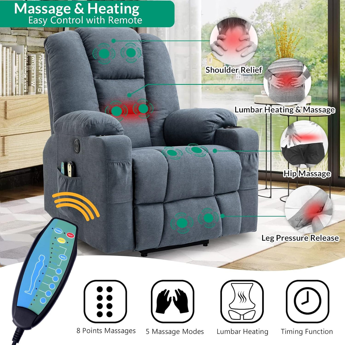 VIVIJASON Power Lift Chair Electric Recliner for Elderly Heated Vibration Massage Soft Fabric