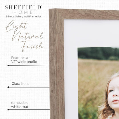 Sheffield Home 9 Piece Gallery Wall Frame Set, 11x14 Inch, Light Natural