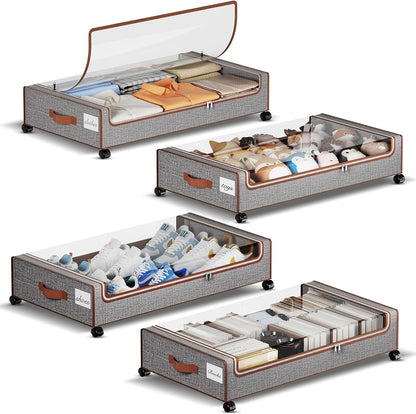 Yecaye Under Bed Storage with Wheels, 4 Pack Under Bed Storage Containers with Clear Lids & Label