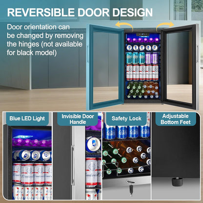 128 Cans Beverage Refrigerator Cooler, 3.2 Cu.Ft Mini Drink Fridge Glass Door for Drink Beer Soda